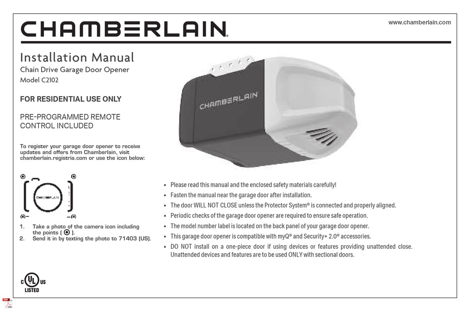 CHAMBERLAIN C2102 INSTALLATION MANUAL Pdf Download | ManualsLib