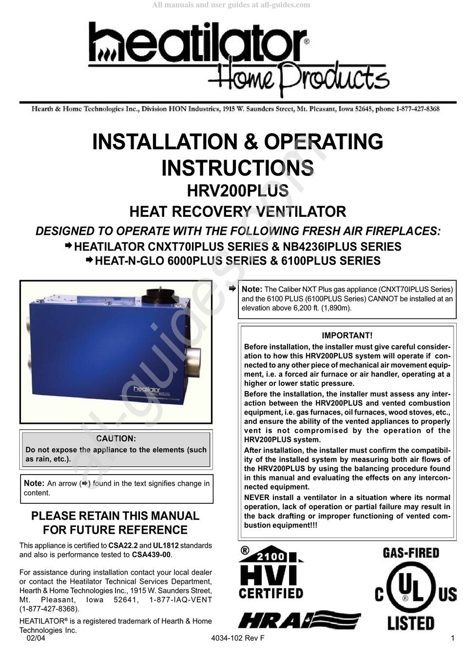 HEATILATOR HRV200PLUS INSTALLATION & OPERATING INSTRUCTIONS MANUAL Pdf