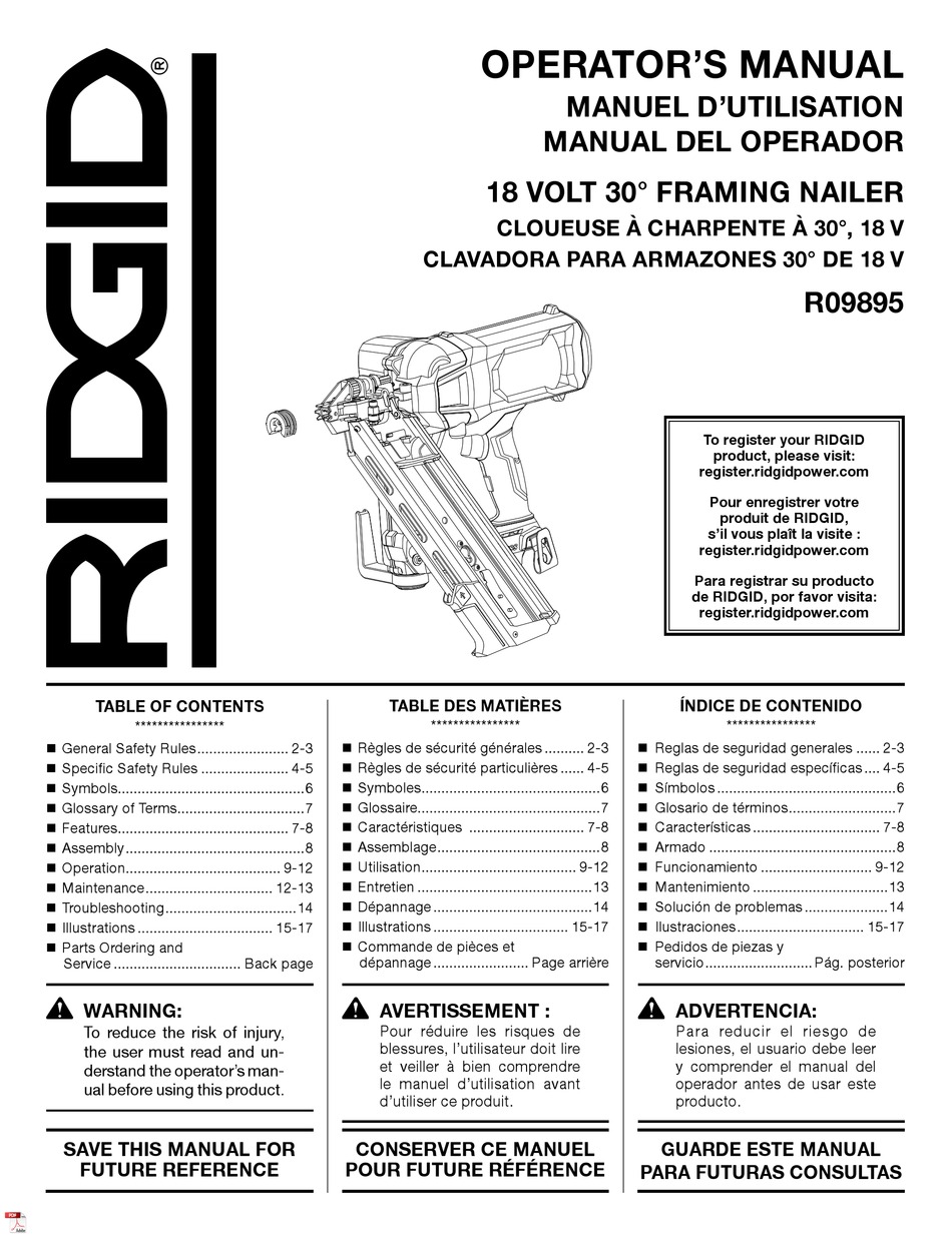 RIDGID R09895 OPERATOR'S MANUAL Pdf Download | ManualsLib