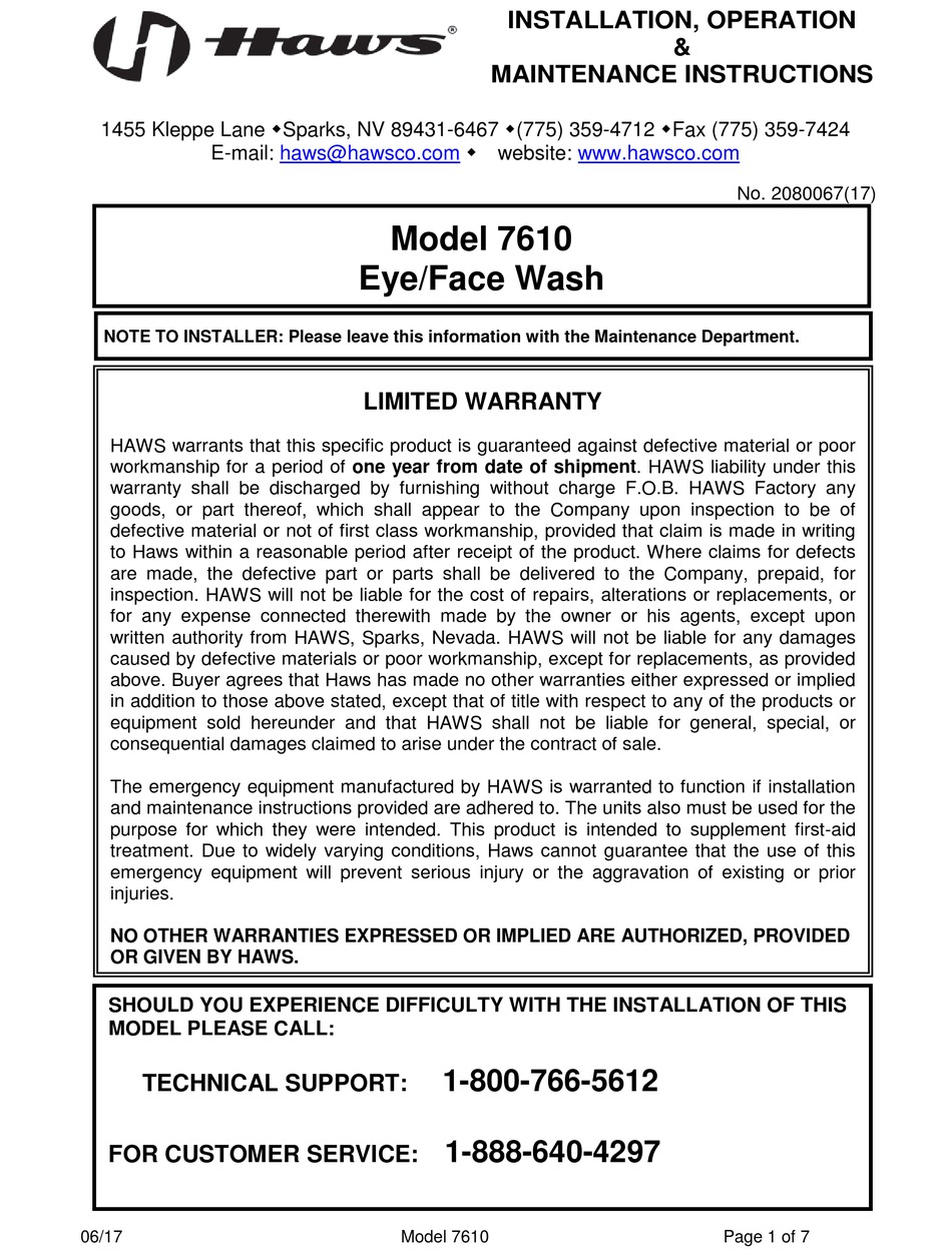 HAWS 7610 INSTALLATION, OPERATION & MAINTENANCE INSTRUCTIONS MANUAL Pdf