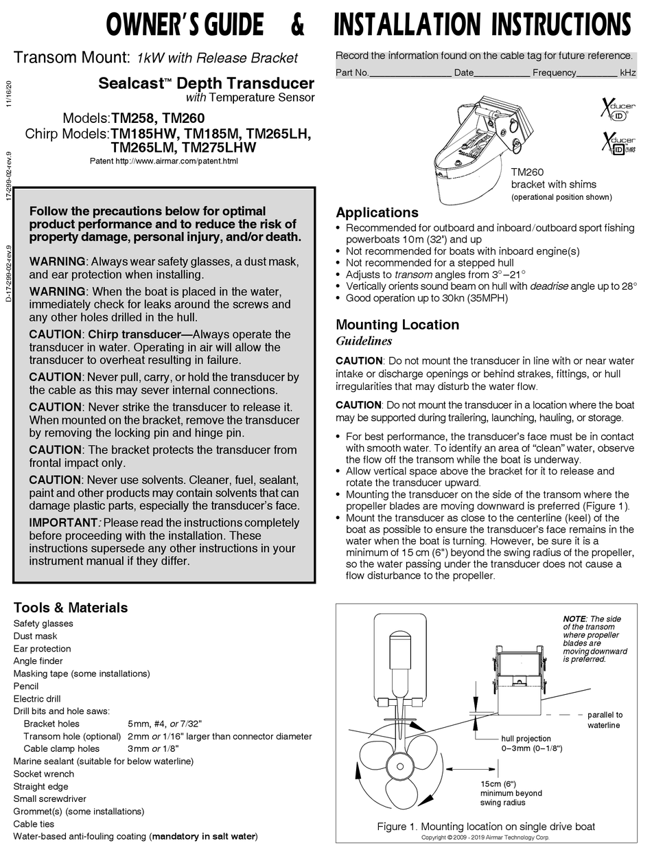 AIRMAR SEALCAST TM258 OWNER'S MANUAL & INSTALLATION INSTRUCTIONS Pdf ...