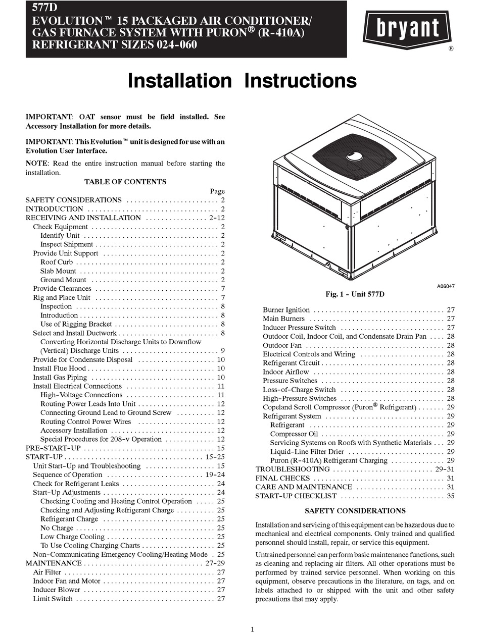 BRYANT EVOLUTION 577DNW042090 INSTALLATION INSTRUCTIONS MANUAL Pdf