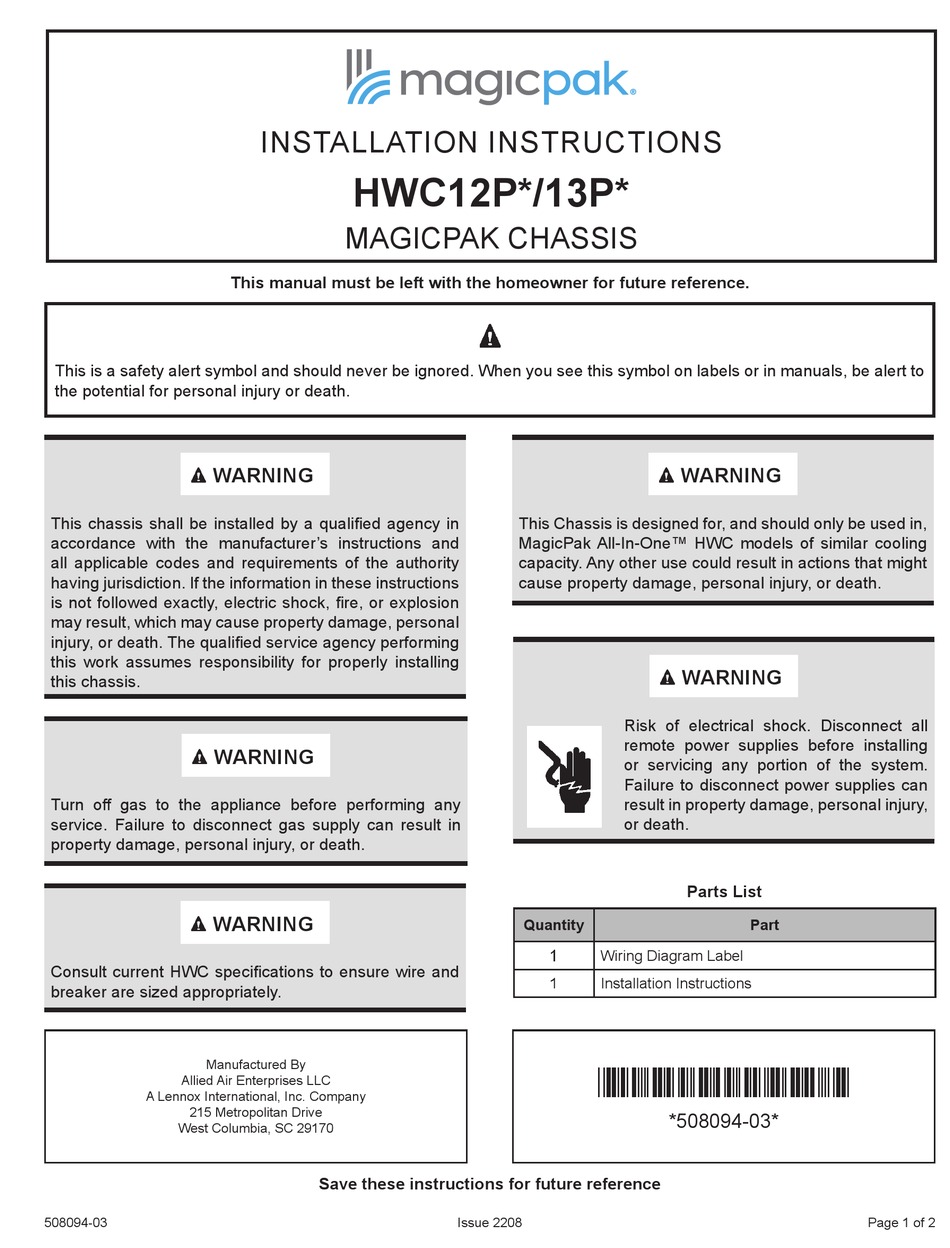 MAGICPAK HWC12P SERIES INSTALLATION INSTRUCTIONS Pdf Download ManualsLib