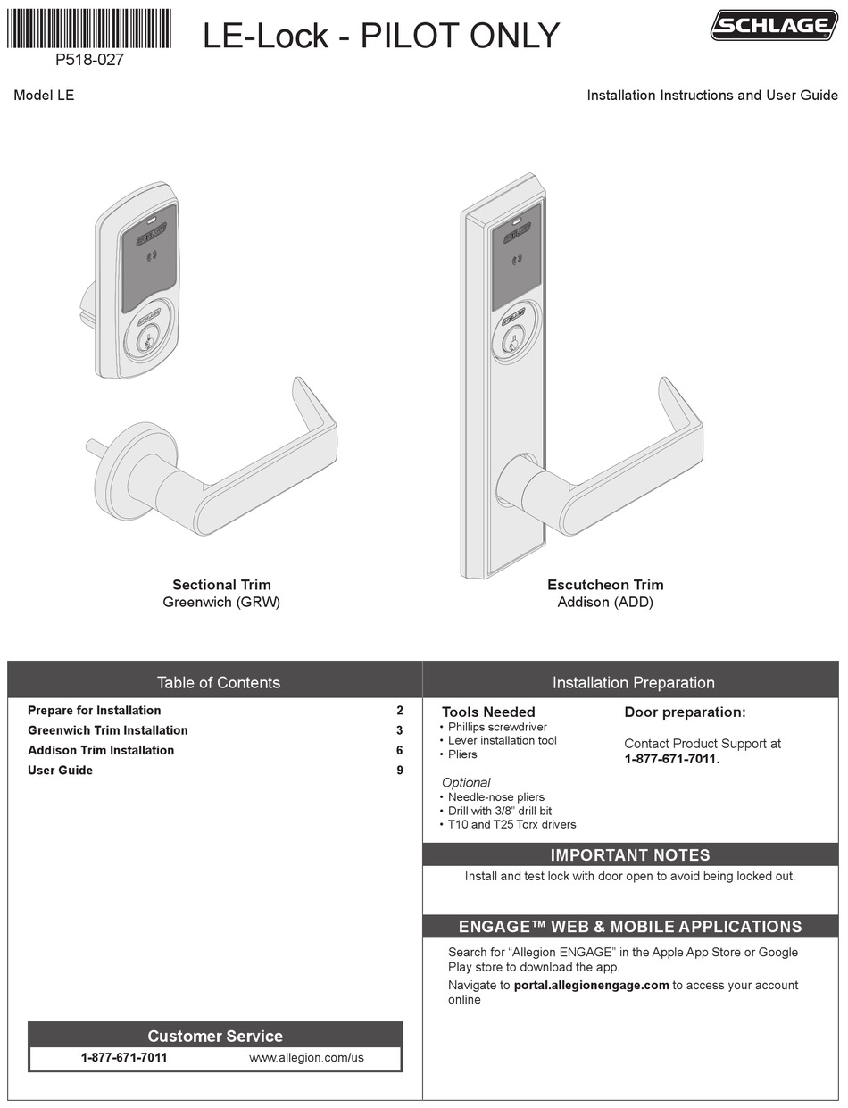 ALLEGION SCHLAGE LE INSTALLATION INSTRUCTIONS AND USER MANUAL Pdf