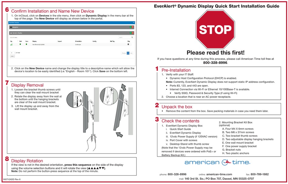 AMERICAN TIME EVERALERT DYNAMIC DISPLAY QUICK START INSTALLATION MANUAL ...