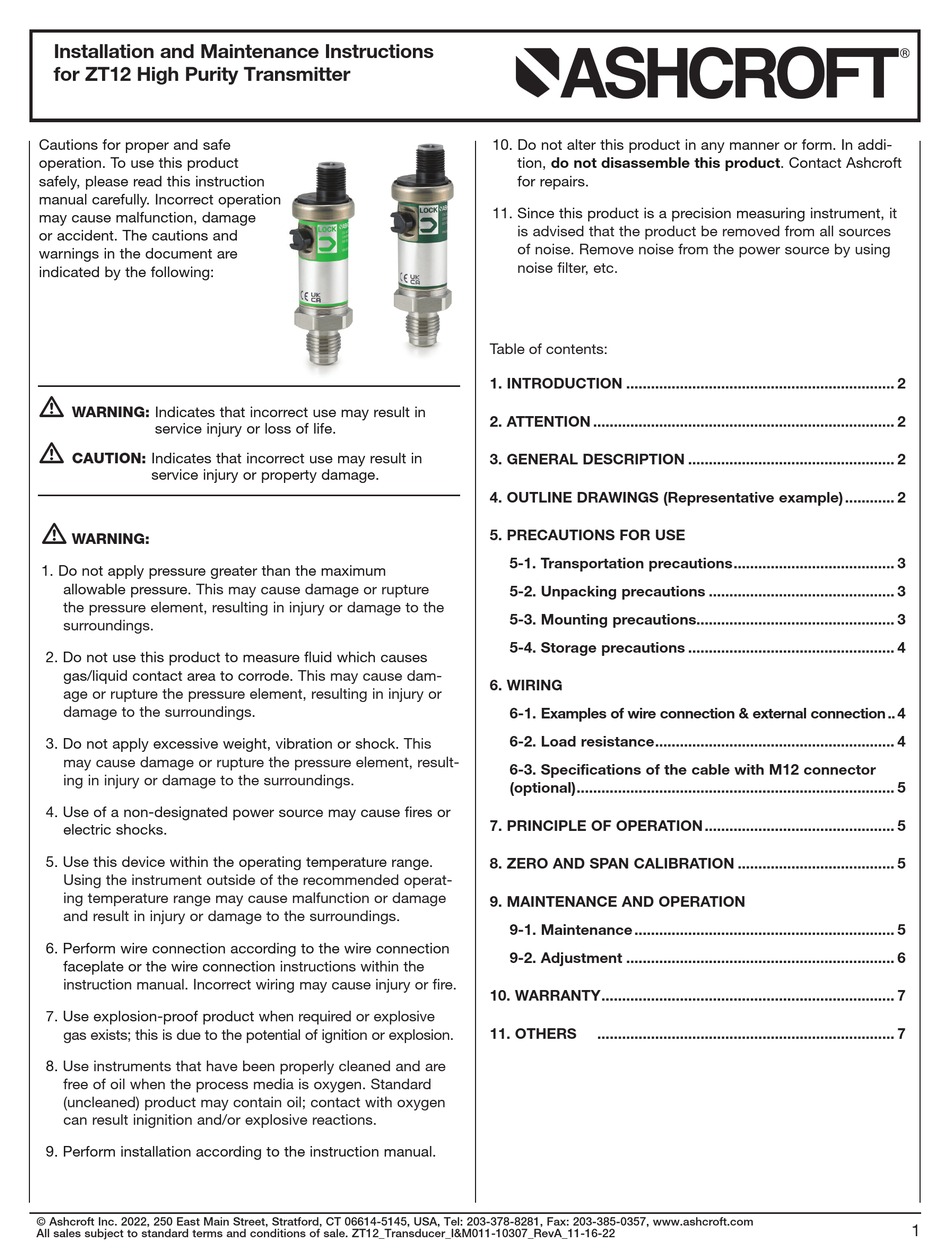 ASHCROFT ZT12 INSTALLATION AND MAINTENANCE INSTRUCTIONS MANUAL Pdf