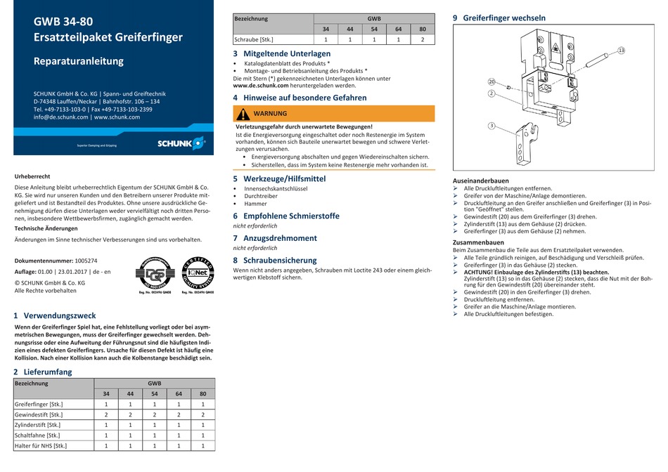 SCHUNK GWB 34 REPAIR INSTRUCTIONS Pdf Download | ManualsLib