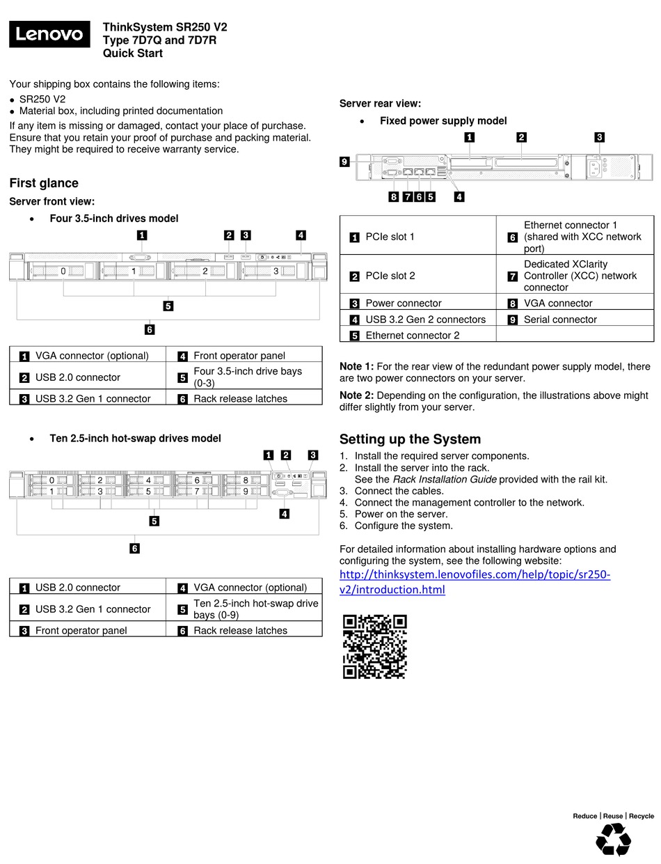 LENOVO THINKSYSTEM SR250 V2 QUICK START MANUAL Pdf Download | ManualsLib