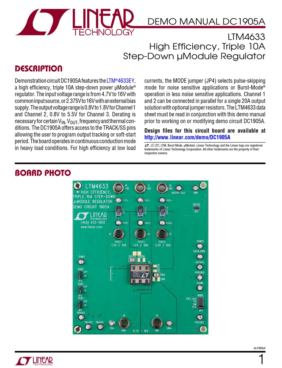 LINEAR TECHNOLOGY DC1905A DEMO MANUAL Pdf Download | ManualsLib