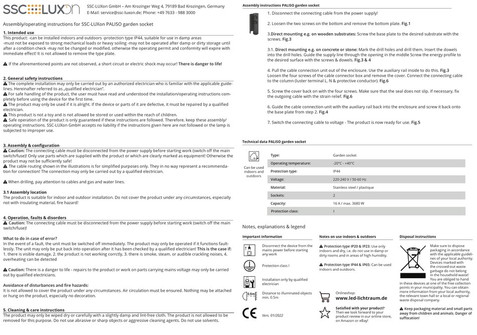 SSC-LUXON PALISO ASSEMBLY & OPERATING INSTRUCTIONS Pdf Download ...