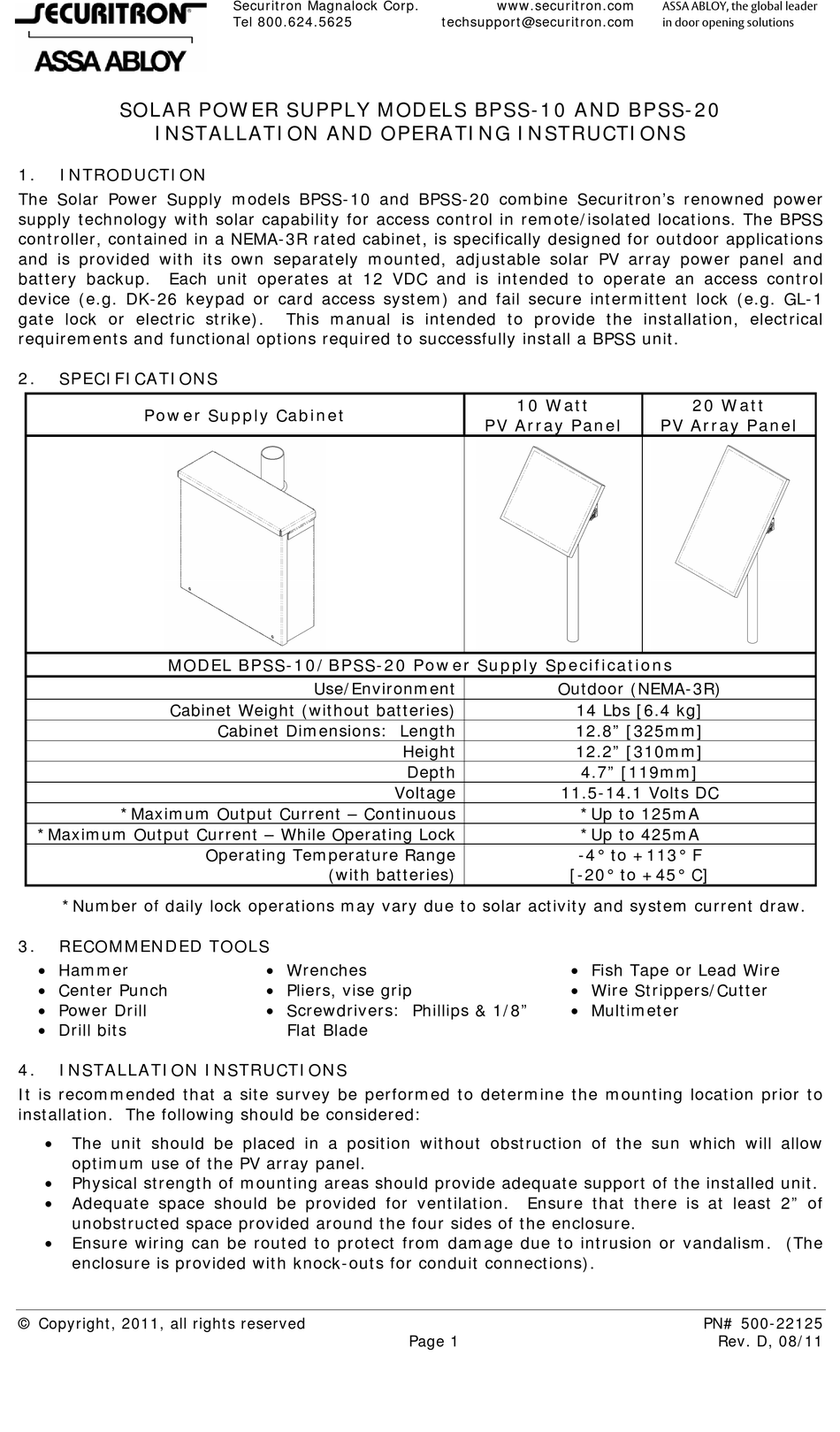 ASSA ABLOY SECURITRON BPSS-10 INSTALLATION AND OPERATING INSTRUCTIONS