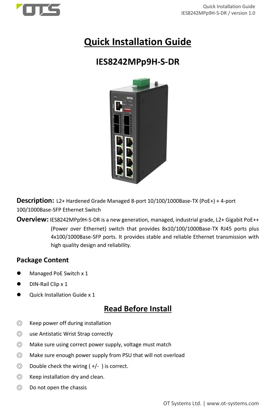 OTS IES8242MPP9H-S-DR QUICK INSTALLATION MANUAL Pdf Download | ManualsLib