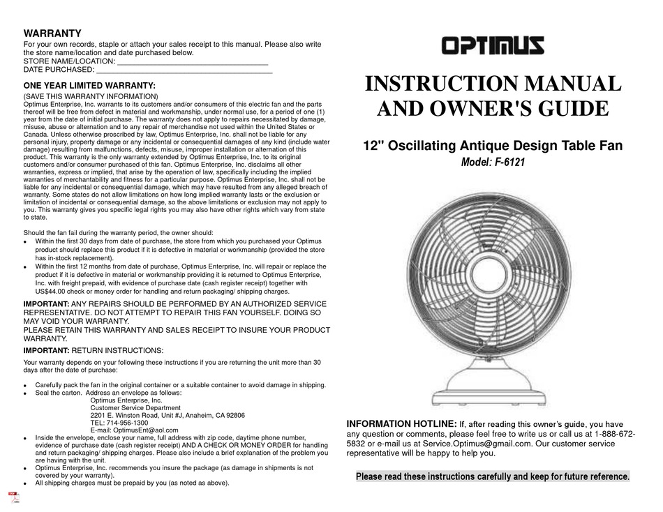 Optimus F 6121 Instruction Manual And Owners Manual Pdf Download