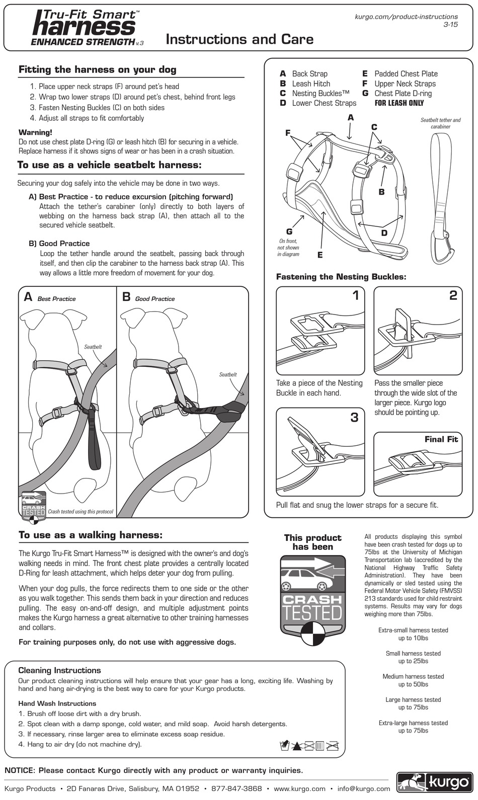 KURGO TRU-FIT SMART HARNESS ENHANCED STRENGTH V.3 INSTRUCTIONS AND CARE ...