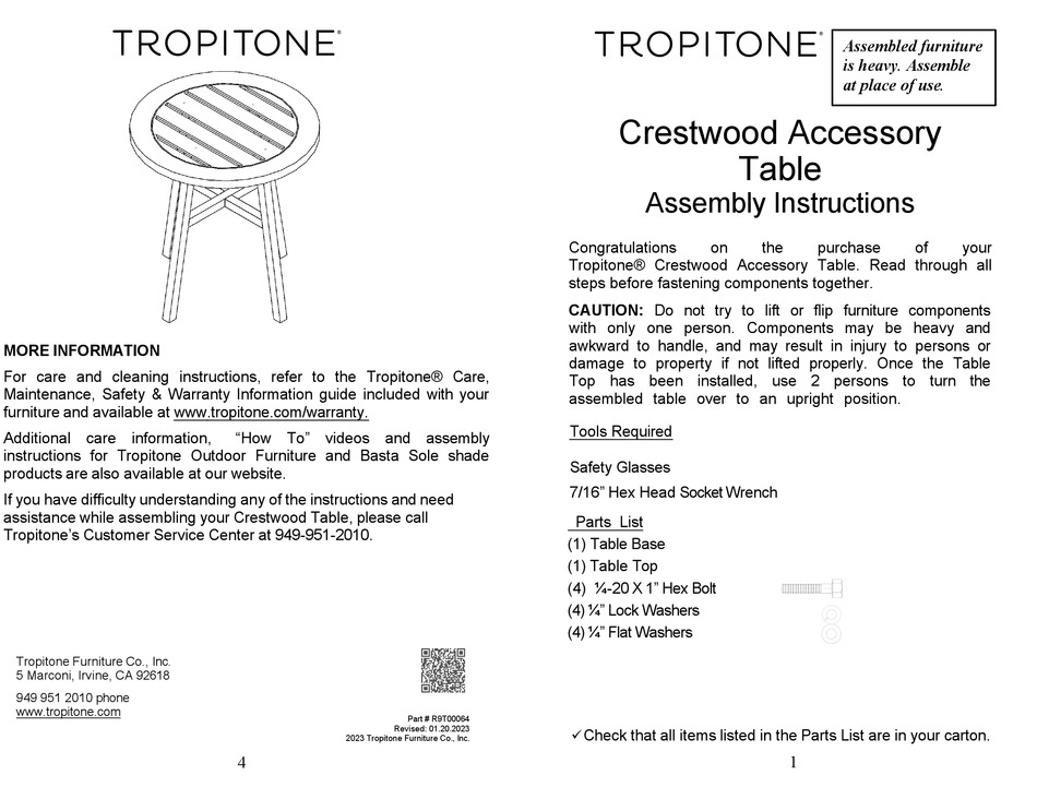 TROPITONE CRESTWOOD ACCESSORY TABLE ASSEMBLY INSTRUCTIONS Pdf Download
