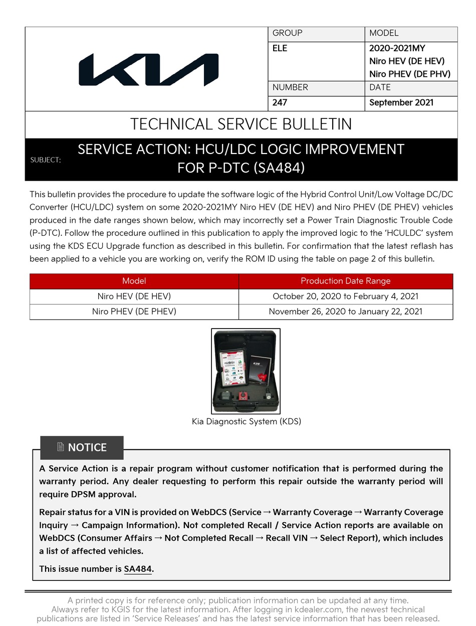 KIA KDS TECHNICAL SERVICE BULLETIN Pdf Download | ManualsLib