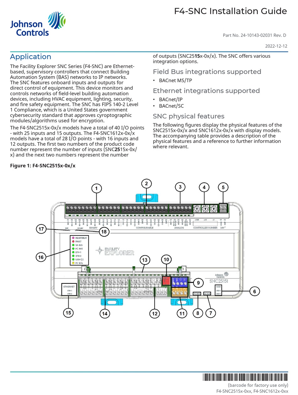 JOHNSON CONTROLS SNC SERIES INSTALLATION MANUAL Pdf Download | ManualsLib