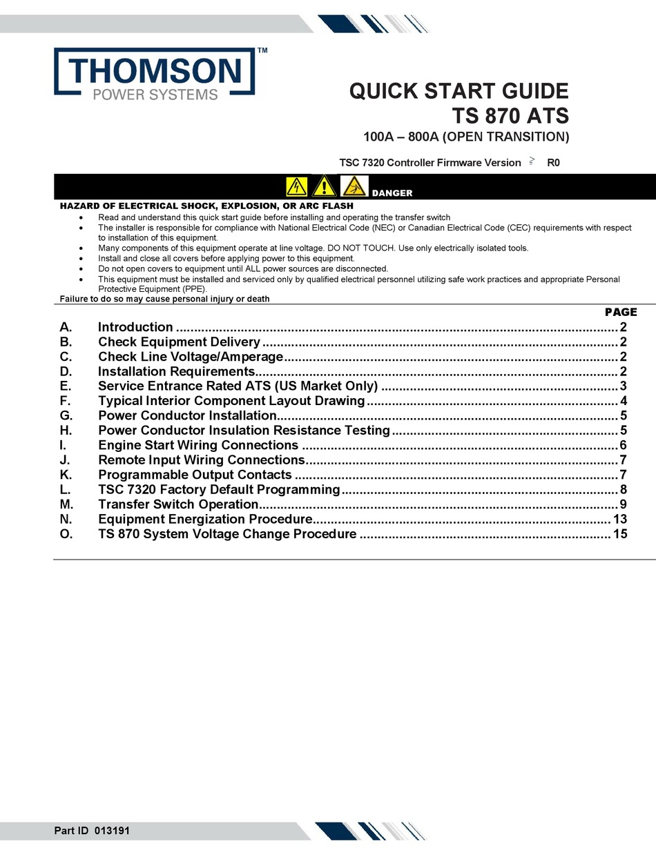 THOMSON POWER SYSTEMS TS 870 ATS QUICK START MANUAL Pdf Download