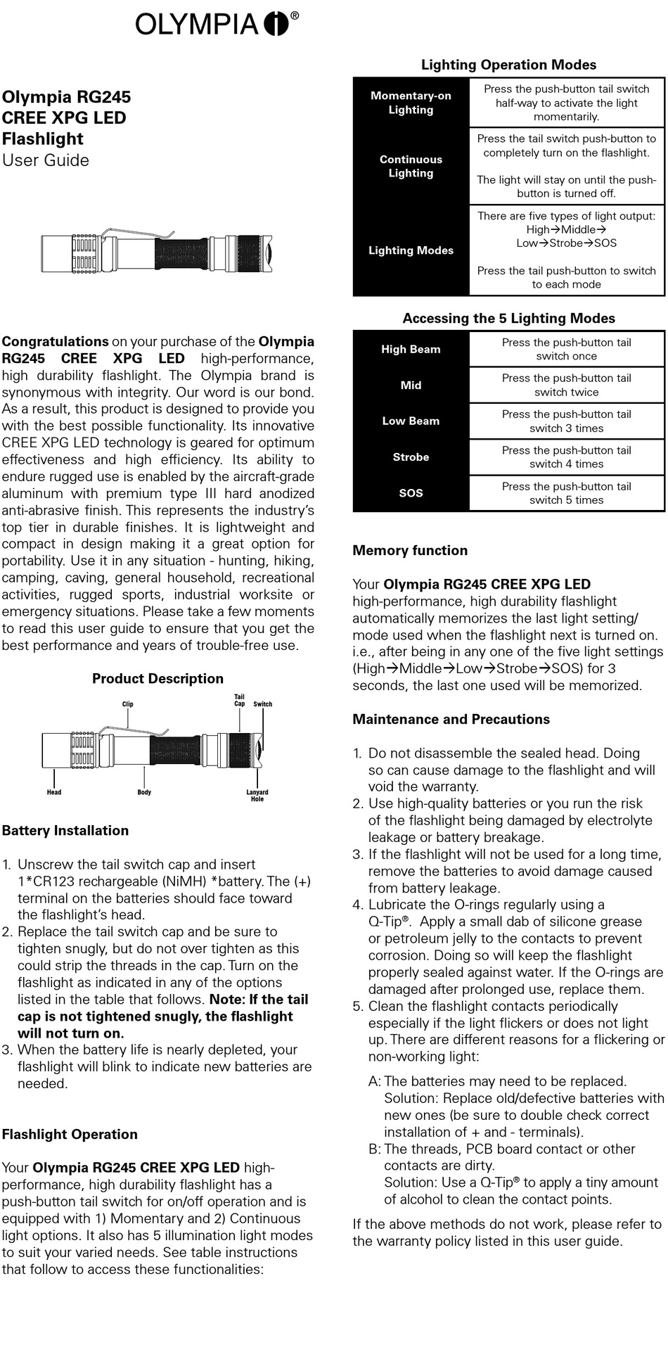 OLYMPIA CREE XPG LED USER MANUAL Pdf Download | ManualsLib