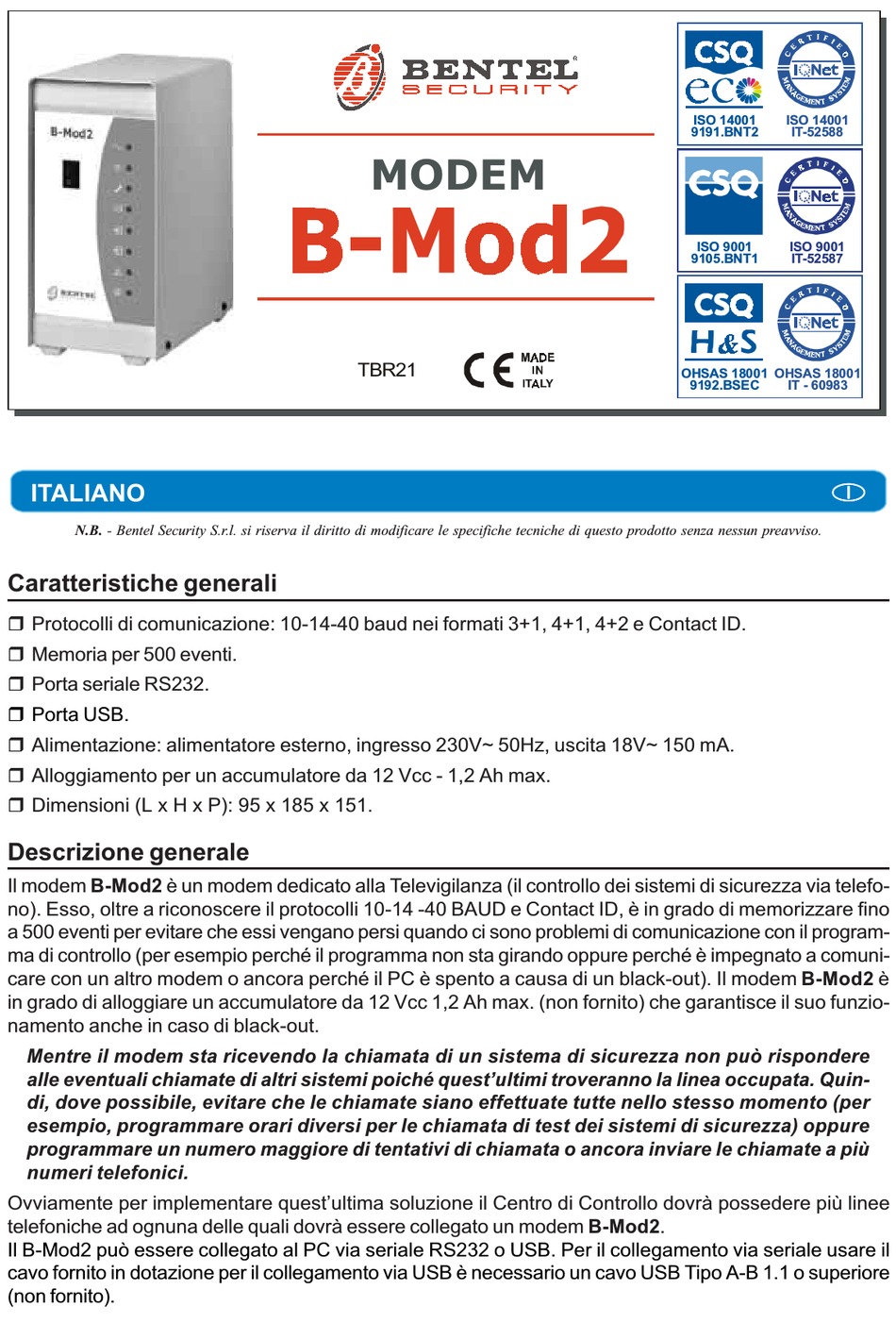 BENTEL SECURITY B-MOD2 MANUAL Pdf Download | ManualsLib