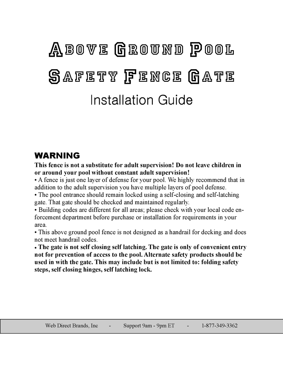 WEB DIRECT ABOVE GROUND POOL SAFETY FENCE GATE INSTALLATION MANUAL Pdf