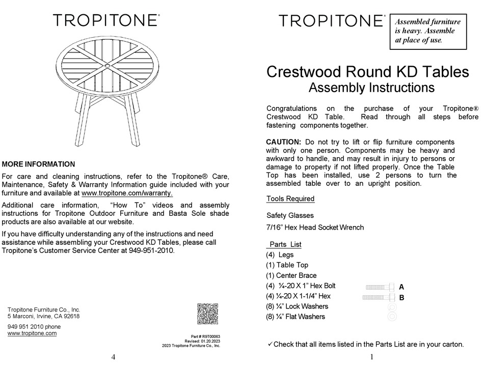 TROPITONE CRESTWOOD ROUND KD TABLE ASSEMBLY INSTRUCTIONS Pdf Download