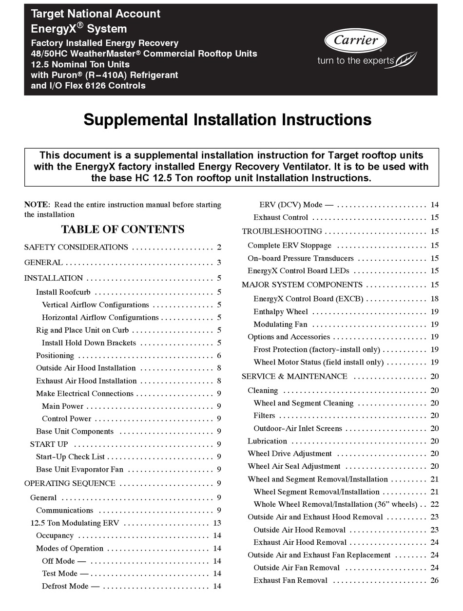 CARRIER ENERGYX 48HC SUPPLEMENTAL INSTALLATION INSTRUCTIONS Pdf