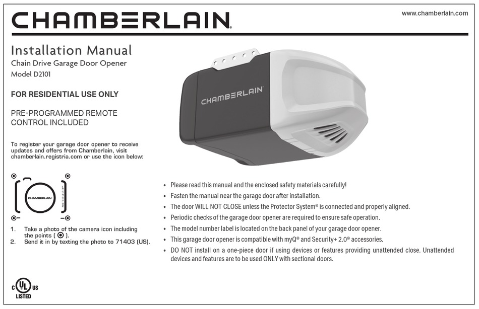 CHAMBERLAIN D2101 INSTALLATION MANUAL Pdf Download | ManualsLib