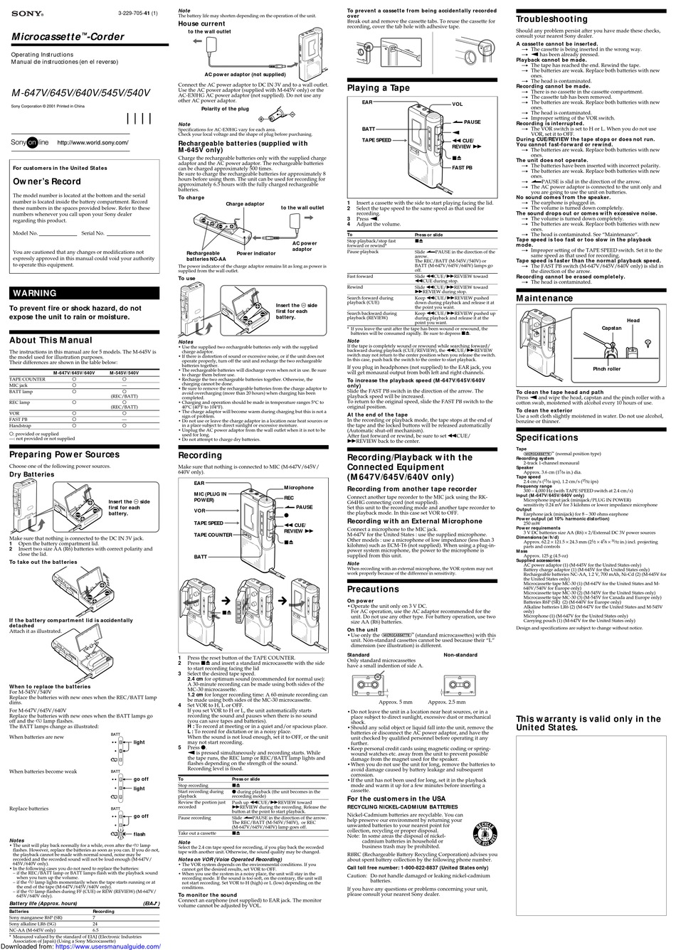 SONY M-647V OPERATING INSTRUCTIONS Pdf Download | ManualsLib