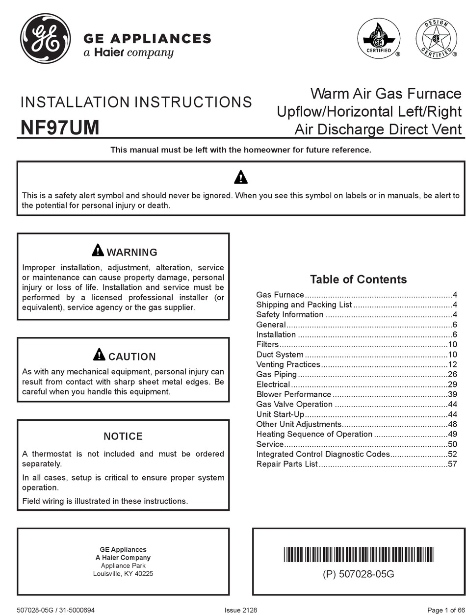 HAIER GE NF97UM INSTALLATION INSTRUCTIONS MANUAL Pdf Download | ManualsLib