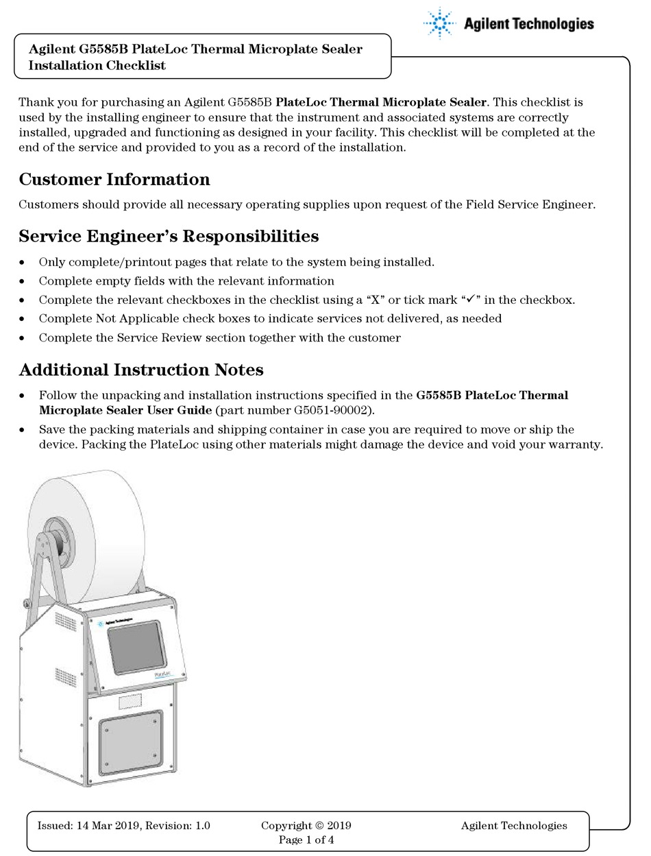 AGILENT TECHNOLOGIES G5585B INSTALLATION CHECKLIST Pdf Download ...