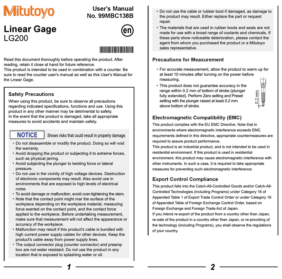 MITUTOYO LG200 USER MANUAL Pdf Download ManualsLib