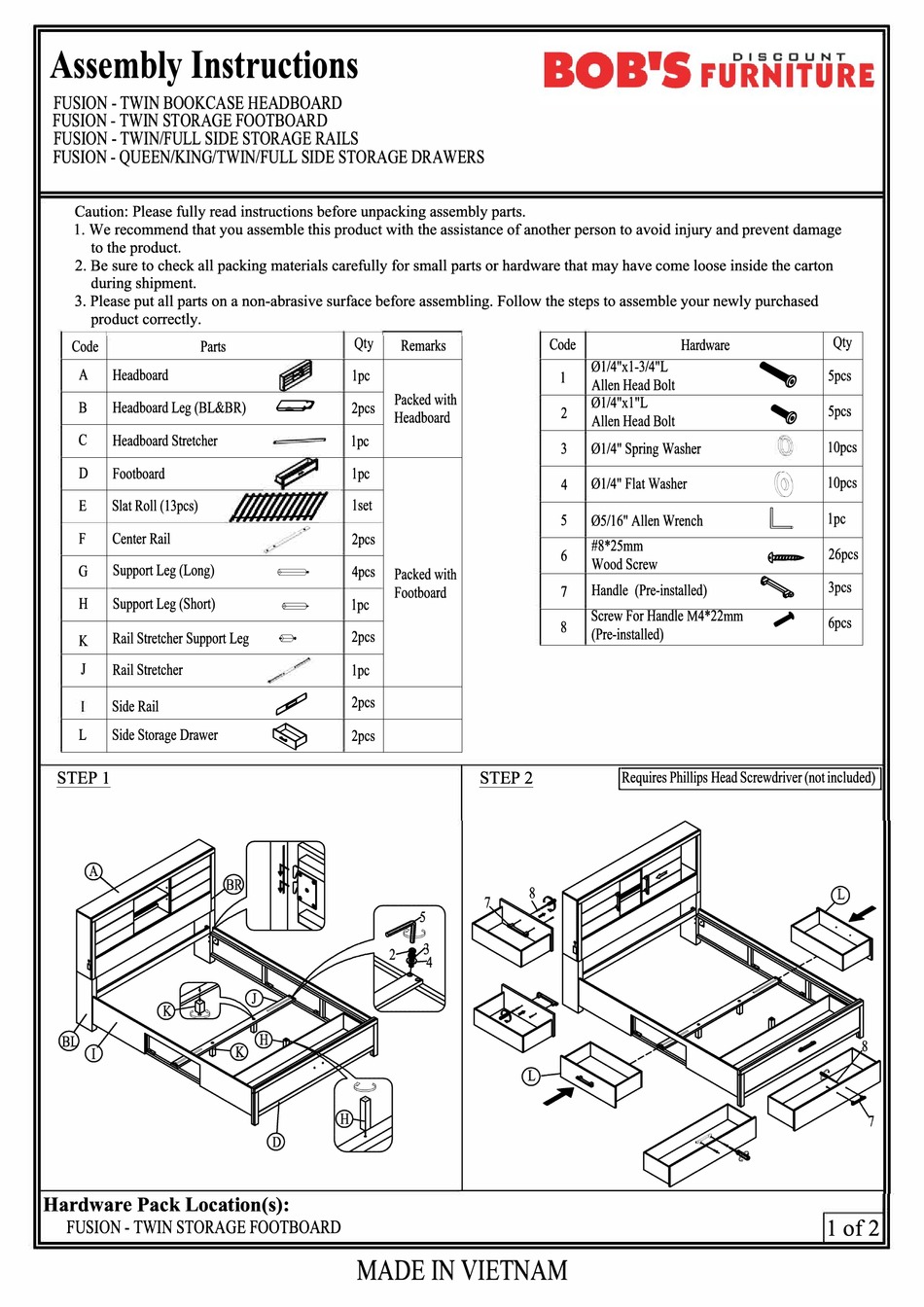 BOB'S FURNITURE FUSION TWIN STORAGE BED ASSEMBLY INSTRUCTIONS Pdf