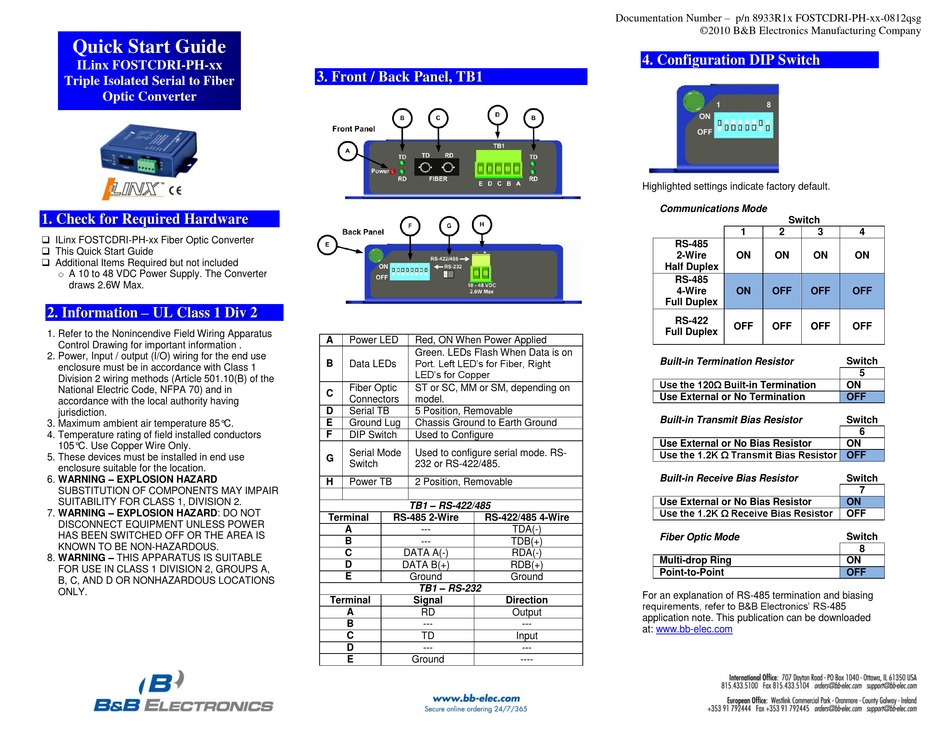 B&B ELECTRONICS ILINX FOSTCDRI-PH SERIES QUICK START MANUAL Pdf ...