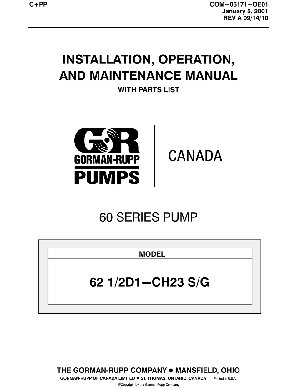 GORMAN-RUPP PUMPS 60 SERIES INSTALLATION, OPERATION, AND MAINTENANCE ...