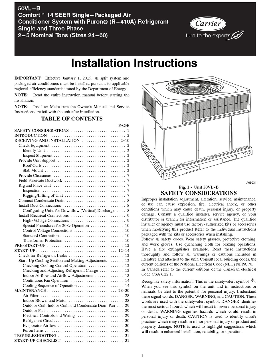 CARRIER COMFORT 50VL-B INSTALLATION INSTRUCTIONS MANUAL Pdf Download ...