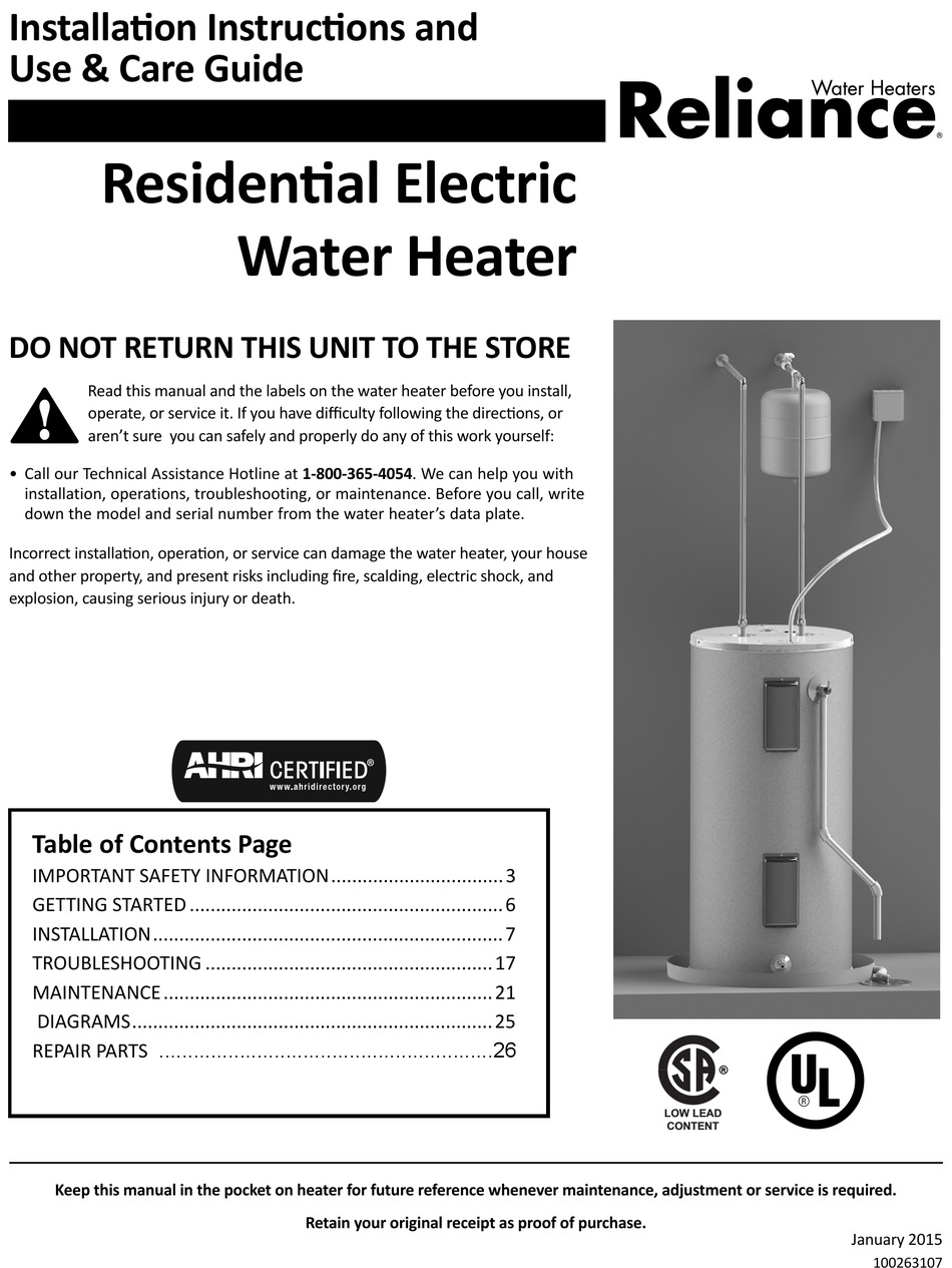 RELIANCE 650EOLBS INSTALLATION INSTRUCTIONS AND USE & CARE MANUAL Pdf