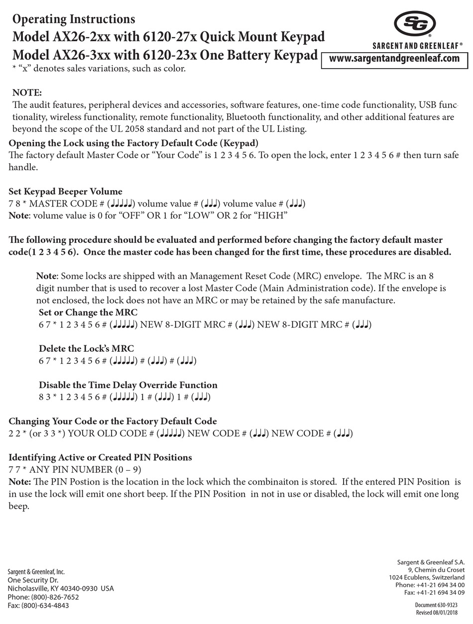 SARGENT AND GREENLEAF AX262 SERIES OPERATING INSTRUCTIONS Pdf Download
