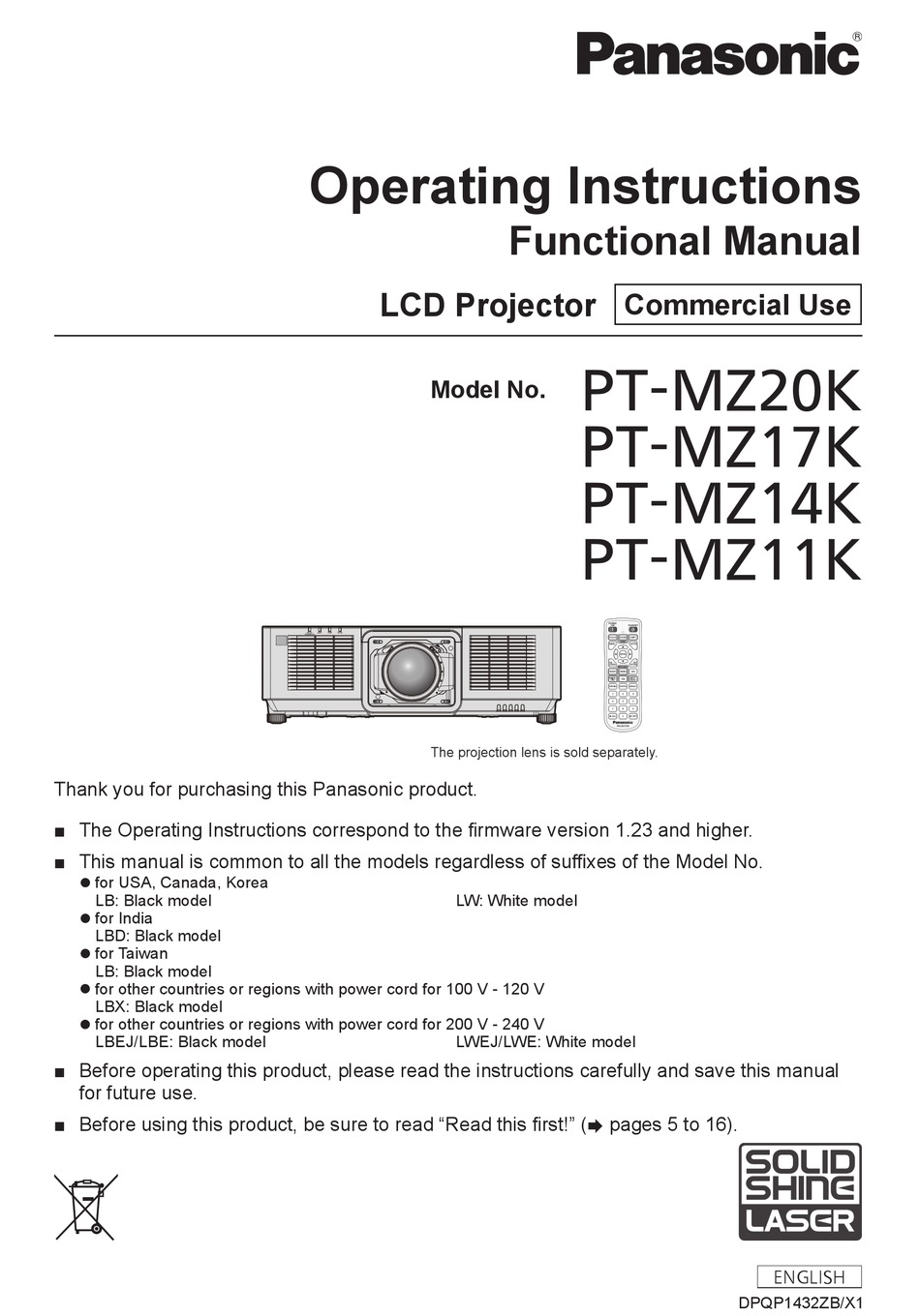 PANASONIC PT-MZ17K OPERATING INSTRUCTIONS MANUAL Pdf Download | ManualsLib