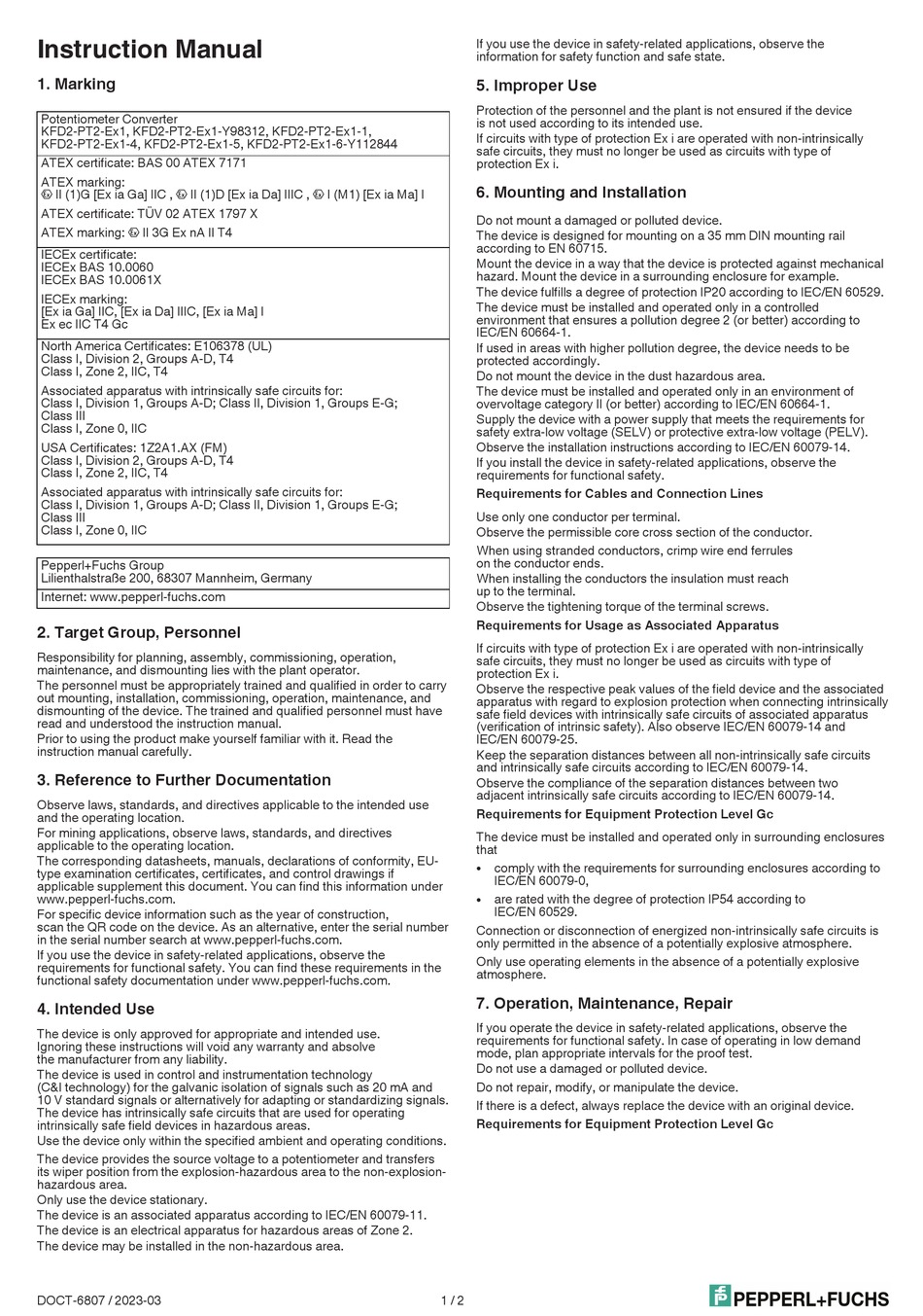 PEPPERL+FUCHS KFD2-PT2-EX1 INSTRUCTION MANUAL Pdf Download | ManualsLib