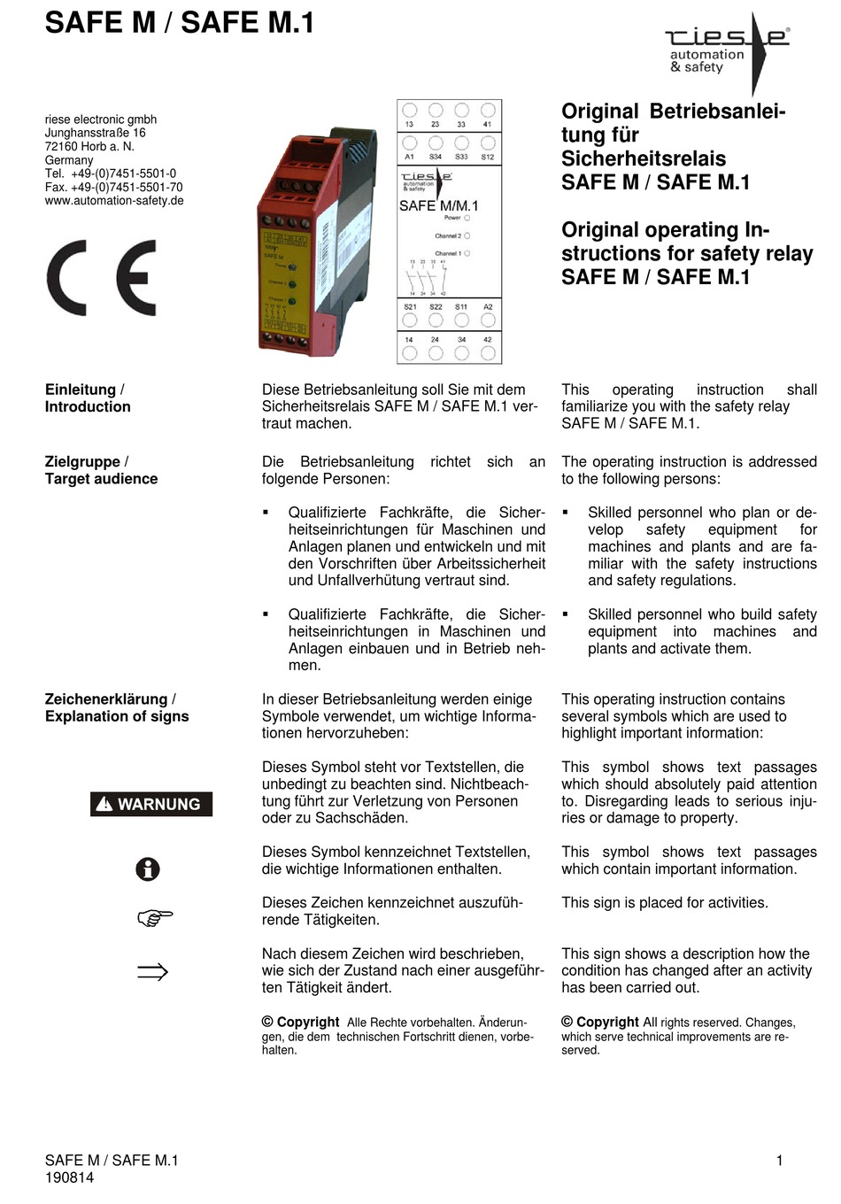 RIESE SAFE M ORIGINAL OPERATING INSTRUCTIONS Pdf Download ManualsLib