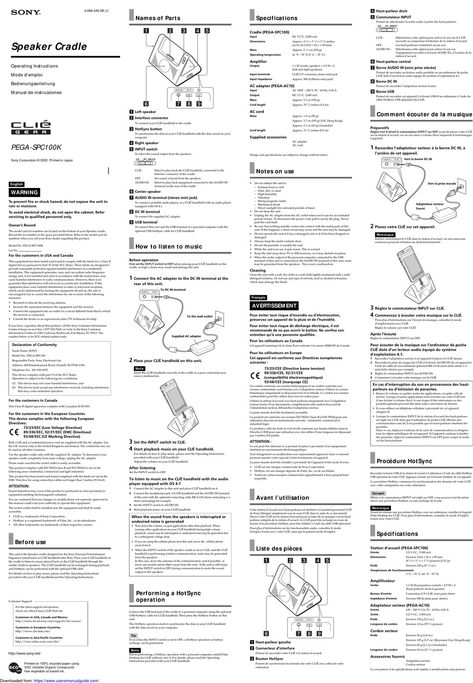 SONY CLIE PEGA-SPC100K OPERATING INSTRUCTIONS Pdf Download | ManualsLib