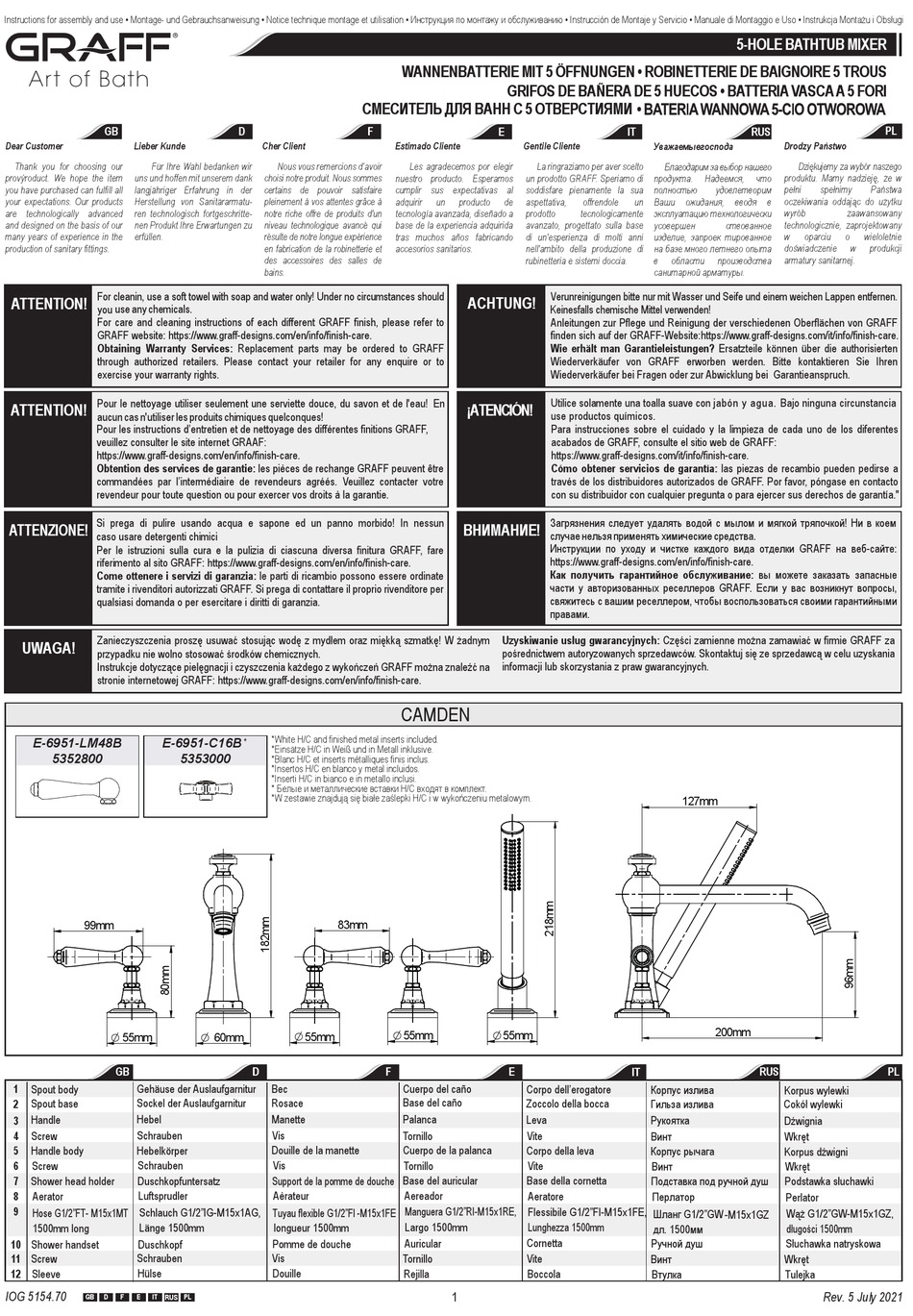 GRAFF E-6951-LM48B INSTRUCTIONS FOR ASSEMBLY AND USE Pdf Download ...