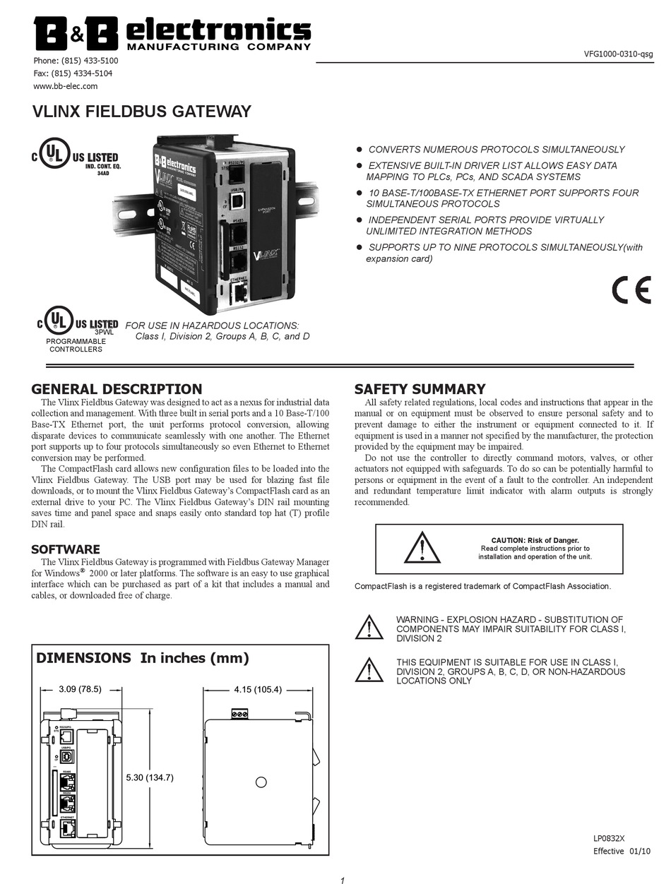 B&B ELECTRONICS VLINX VFG1000 QUICK START MANUAL Pdf Download | ManualsLib