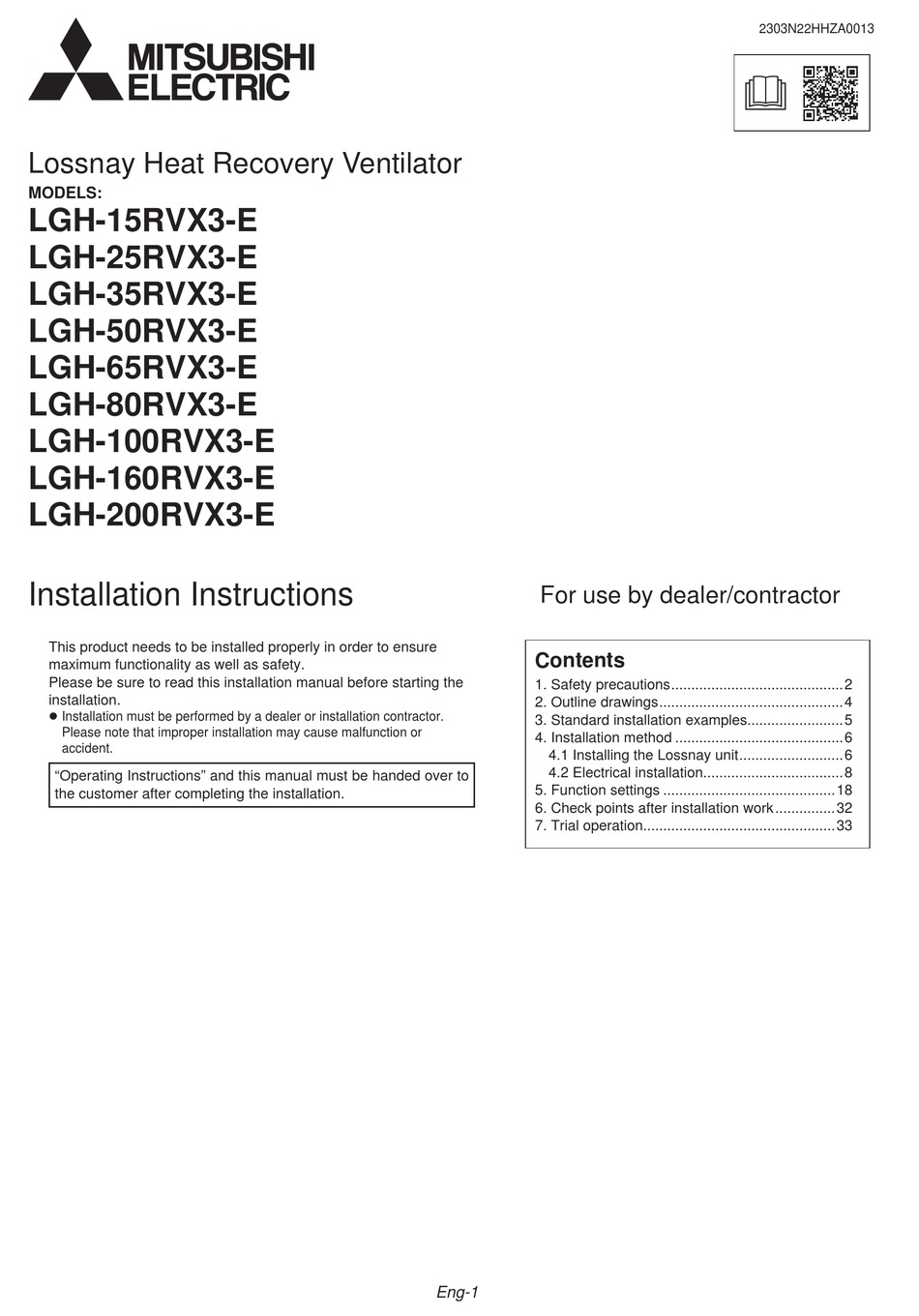 MITSUBISHI ELECTRIC LGH15RVX3E INSTALLATION INSTRUCTIONS MANUAL Pdf