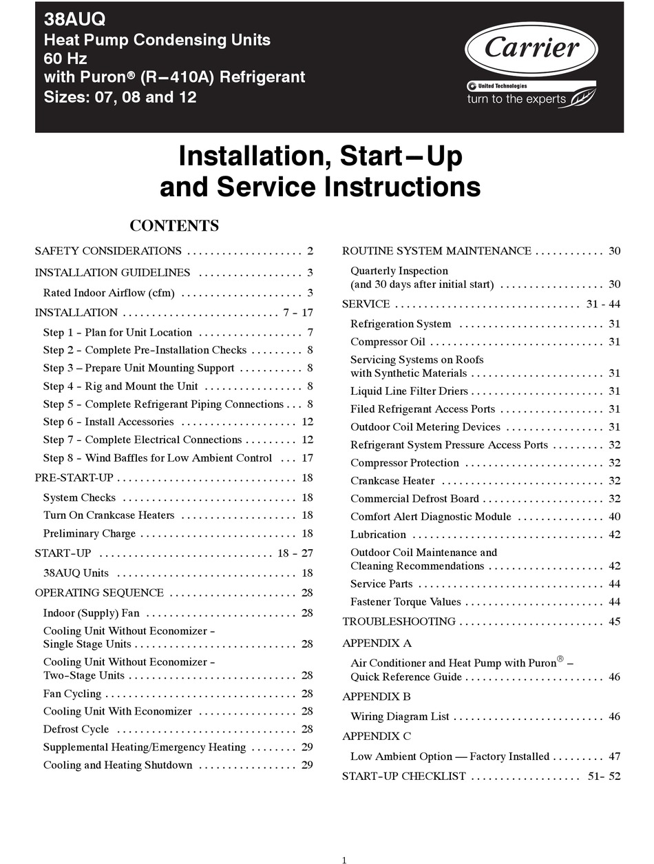 CARRIER 38AUQA/B07 INSTALLATION AND SERVICE INSTRUCTIONS MANUAL Pdf
