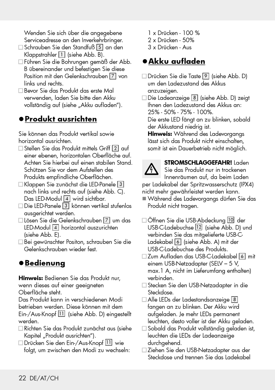 Produkt Ausrichten; Bedienung; Akku Aufladen - Parkside PAS 2800 A1 Manual  [Page 22] | ManualsLib
