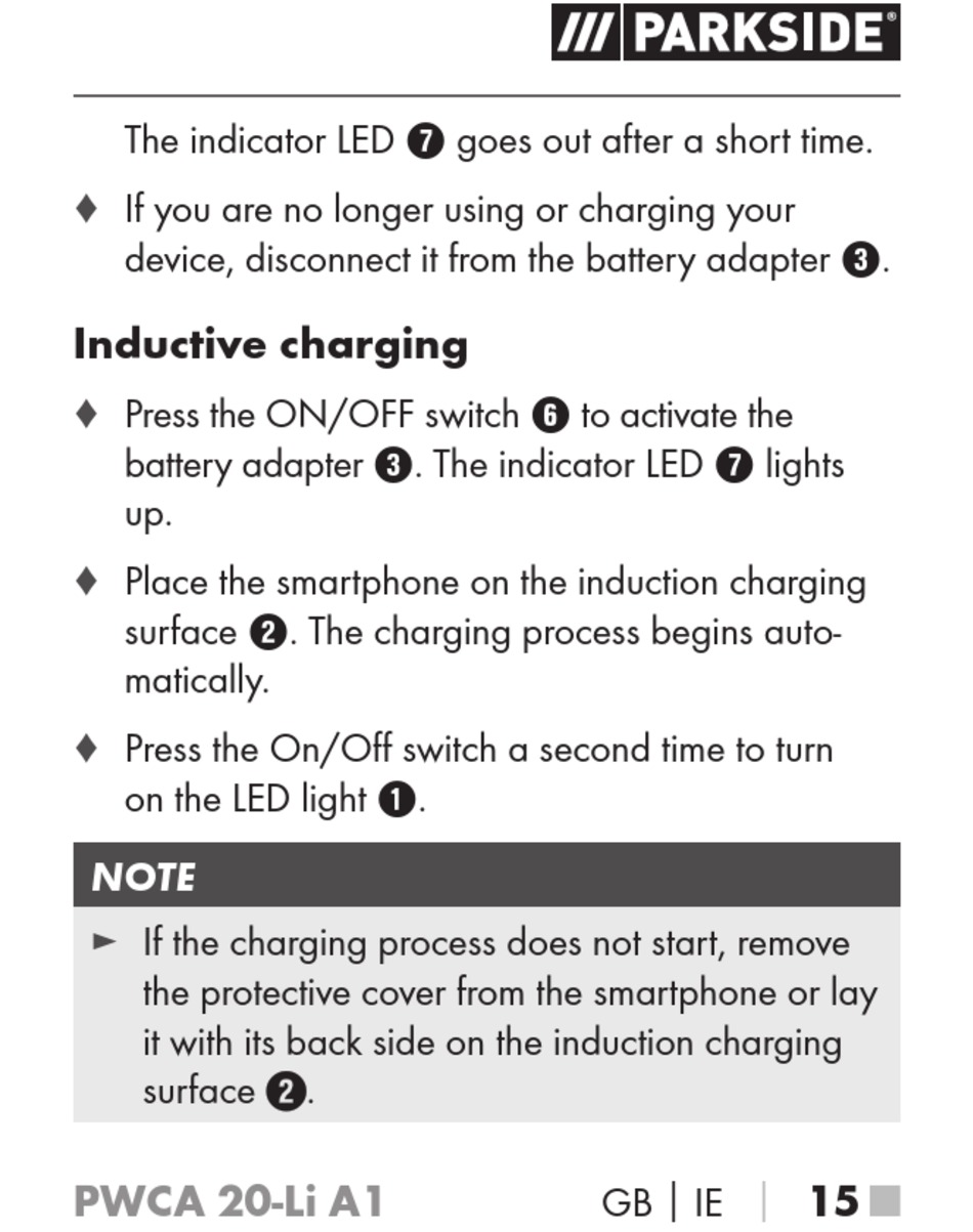 Inductive Charging - Parkside PWCA 20-Li A1 Operating Instructions Manual  [Page 20] | ManualsLib