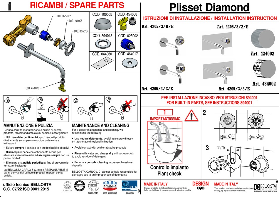 RUBINETTERIE BELLOSTA PLISSET DIAMOND 4205/3/B/E INSTALLATION ...