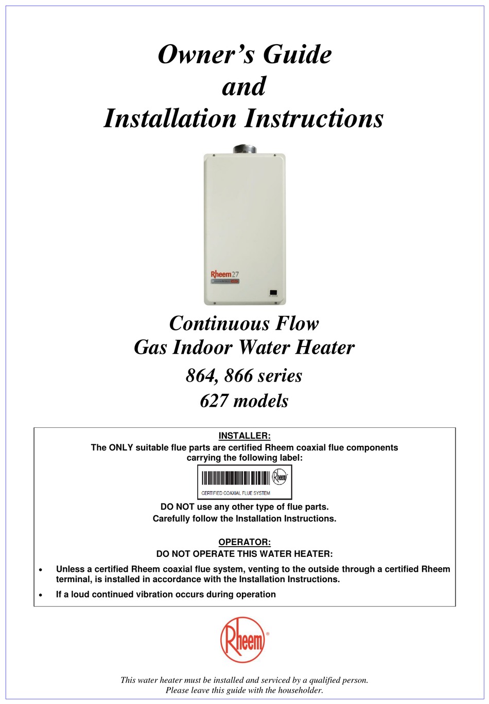 RHEEM 864 SERIES OWNER'S MANUAL AND INSTALLATION INSTRUCTIONS Pdf ...